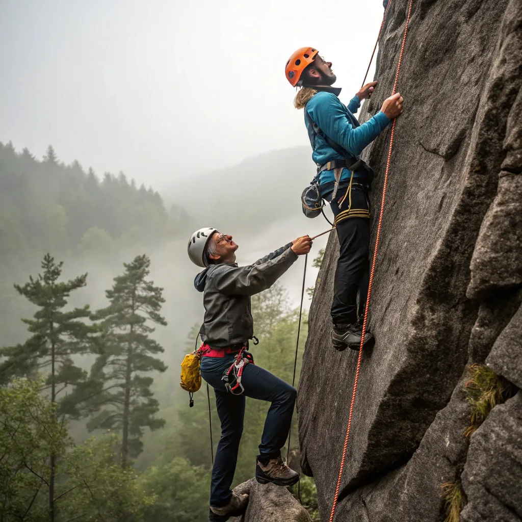 Climbing instructors guiding a beginner on a rock face