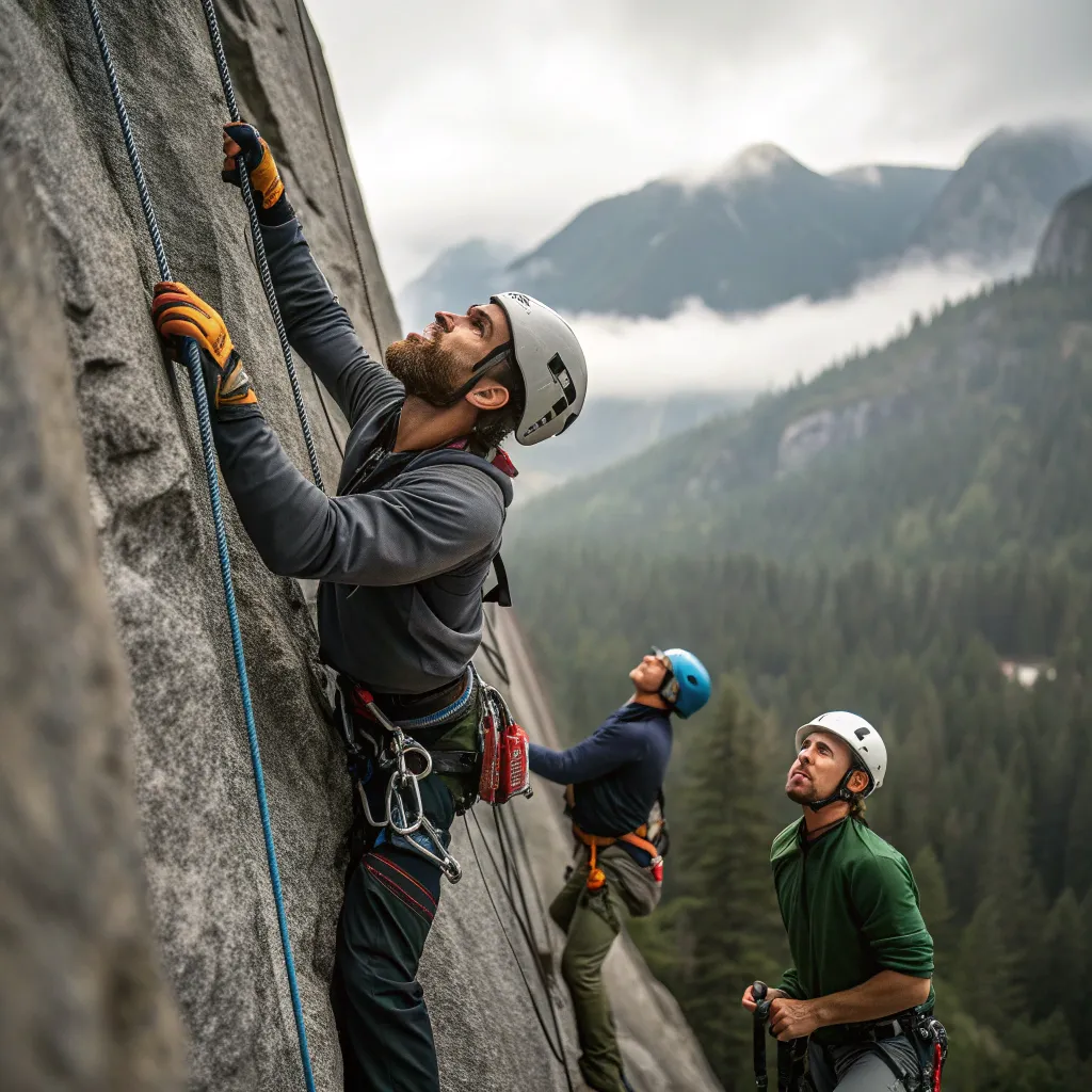 A group of climbers ascending a rock wall in a training session