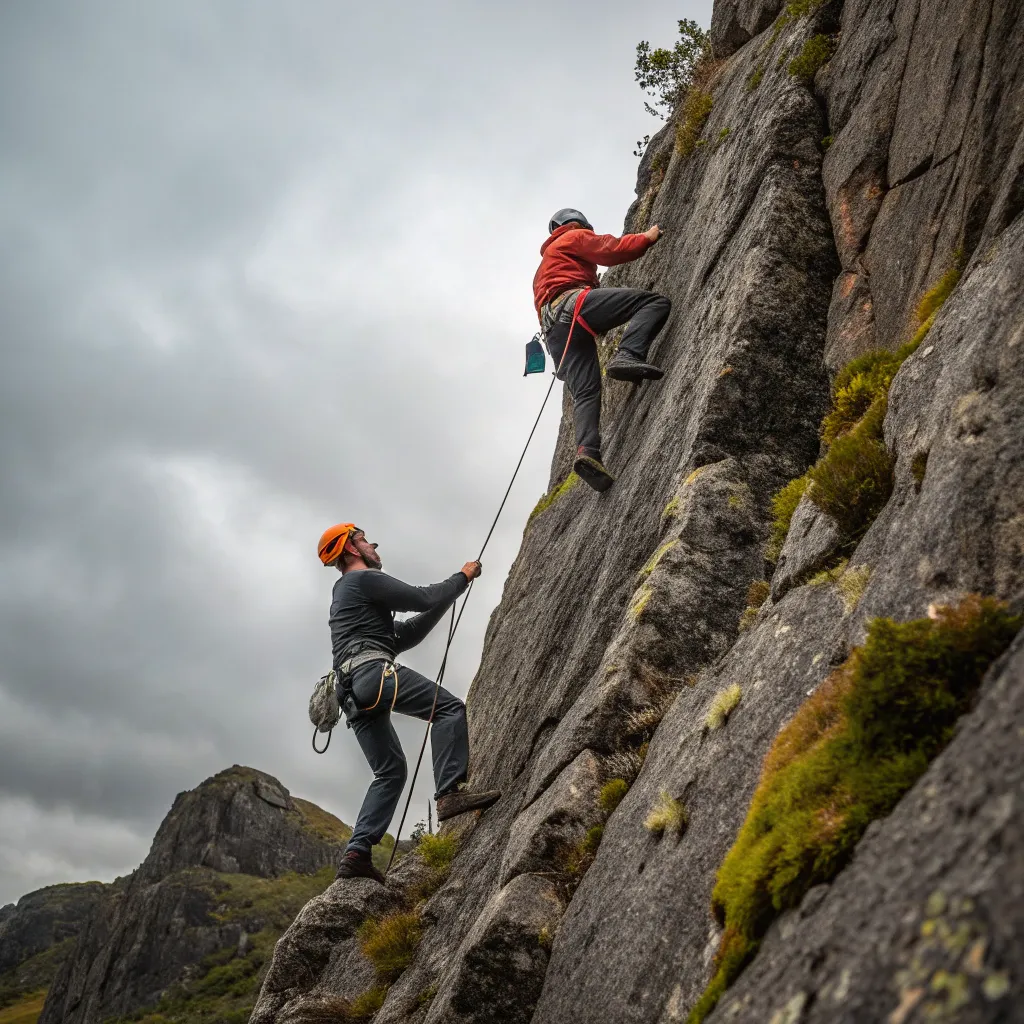 Climbers practicing advanced techniques on cliff
